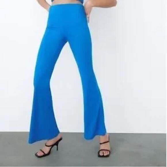 Zara Blue Flare Leg Pull On Pants Womens Medium Retro Festival Hippie - Picture 1 of 8